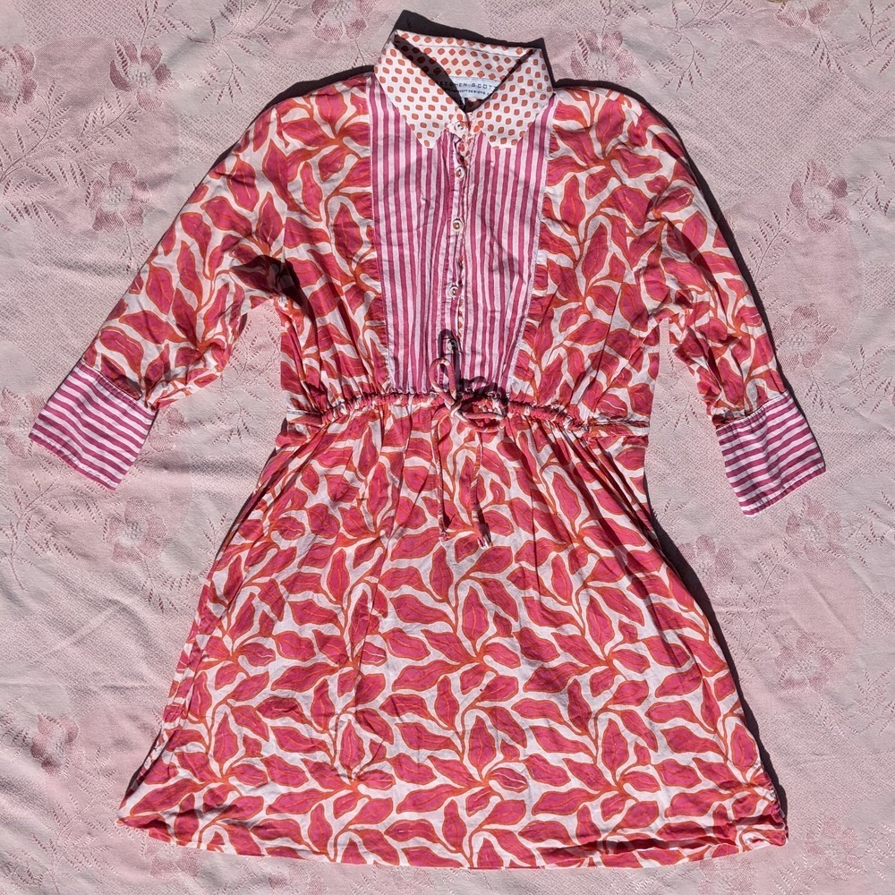 Gretchen Scott Shirt Dress Small Pink Orange Tropical Resort Mixed Print Mini